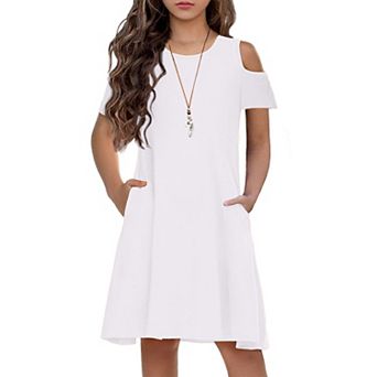 Arshiner Girls Summer Dress Short Sleeve Cold Shoulder Swing Casual Dresses With Pockets