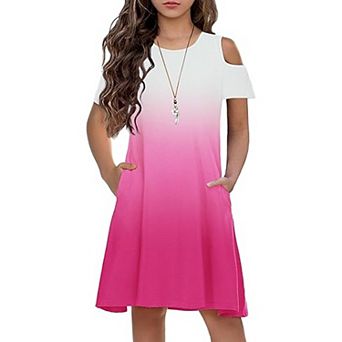 Arshiner Girls Summer Dress Short Sleeve Cold Shoulder Swing Casual Dresses With Pockets