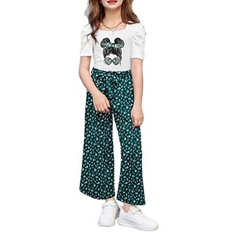 Arshiner Girls Pieces Outfits Kids Square Neck Puff Sleeve Tops And Pants Set With Pockets