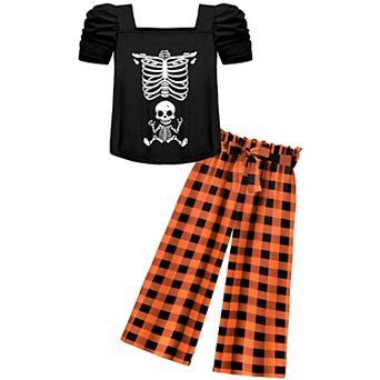 Arshiner Girls Pieces Outfits Kids Square Neck Puff Sleeve Tops And Pants Set With Pockets