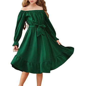 Arshiner Girls Long Sleeve Dresses Fall Party Formal Holiday Swing Flowy Ruffle Midi Dress