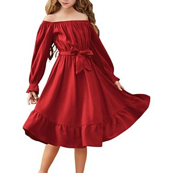 Arshiner Girls Long Sleeve Dresses Fall Party Formal Holiday Swing Flowy Ruffle Midi Dress