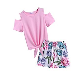 Arshiner Girls Short Sets Short Sleeve Tie Knot Tshirts And Casual Shorts With Pockets Cute Clothes