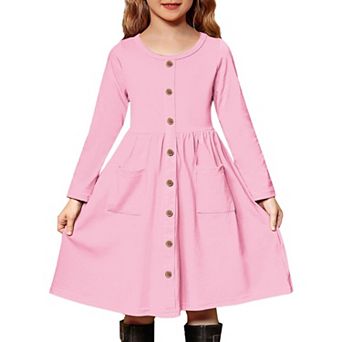 Arshiner Girls Long Sleeve Dresses Button Down Midi Dress with Pockets