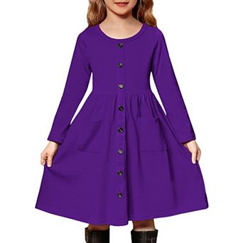 Arshiner Girls Long Sleeve Dresses Button Down Midi Dress with Pockets