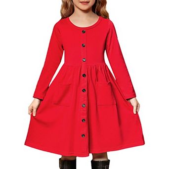 Arshiner Girls Long Sleeve Dresses Button Down Midi Dress with Pockets