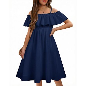 Arshiner Girls Summer Ruffle Sundress Cold Shoulder Casual Holiday Dresses