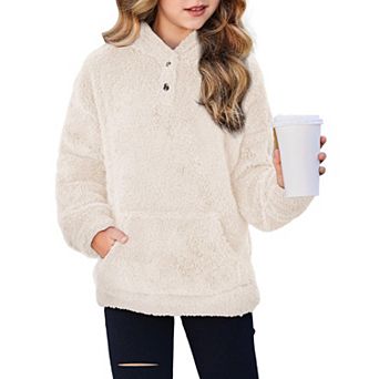 Arshiner Girls Sherpa Fleece Pullover Hoodie Button Up Outerwear with Pockets