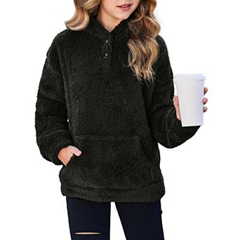 Arshiner Girls Sherpa Fleece Pullover Hoodie Button Up Outerwear with Pockets