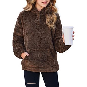 Arshiner Girls Sherpa Fleece Pullover Hoodie Button Up Outerwear with Pockets