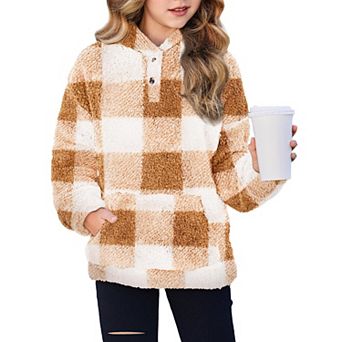 Arshiner Girls Sherpa Fleece Pullover Hoodie Button Up Outerwear with Pockets