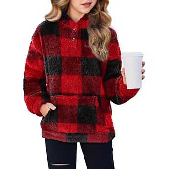 Arshiner Girls Sherpa Fleece Pullover Hoodie Button Up Outerwear with Pockets