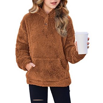 Arshiner Girls Sherpa Fleece Pullover Hoodie Button Up Outerwear with Pockets
