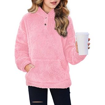 Arshiner Girls Sherpa Fleece Pullover Hoodie Button Up Outerwear with Pockets