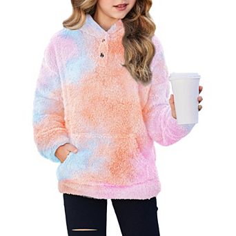 Arshiner Girls Sherpa Fleece Pullover Hoodie Button Up Outerwear with Pockets