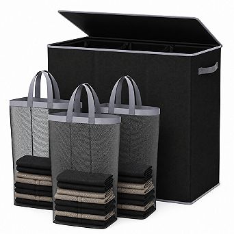 XL 3 Section Laundry Hamper With Lid Removable Washable Bags Sturdy Handles Laundry Organizer