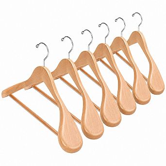 6 Pack Wide Shoulder Solid Wood Suit Hangers With Non Slip Pants Bar