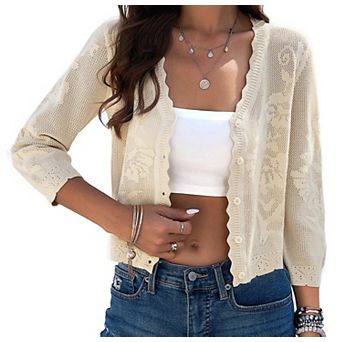 Women Crochet Crop Cardigan Lightweight Casual Dressy Bolero Shrug