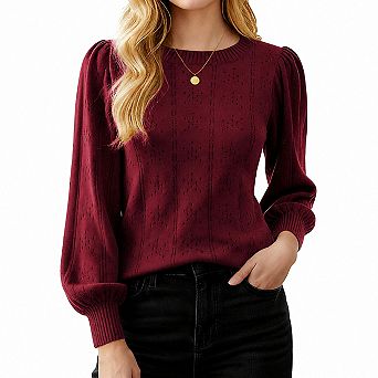 Women Lantern Long Sleeve Hollow Out Knit Pullover Top Casual Work Wear