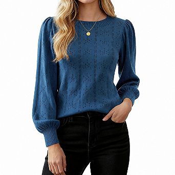Women Lantern Long Sleeve Hollow Out Knit Pullover Top Casual Work Wear