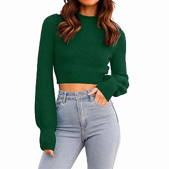 Women's Mock Neck Long Sleeve Ribbed Knit Cropped Pullover Sweater Casual Work Wear