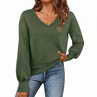 Women's V Neck Lantern Long Sleeve Lightweight Knit Pullover Sweater Casual Work Tops