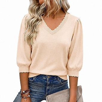 Women V Neck Knit Pullover Scallop Trim Casual Top