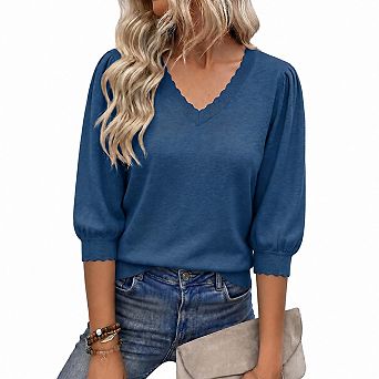 Women V Neck Knit Pullover Scallop Trim Casual Top