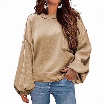 Women's Ribbed Knit Pullover Sweater Bell Sleeve Relaxed Fit Fall Winter Top