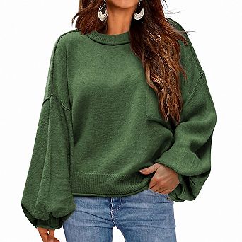 Women's Ribbed Knit Pullover Sweater Bell Sleeve Relaxed Fit Fall Winter Top