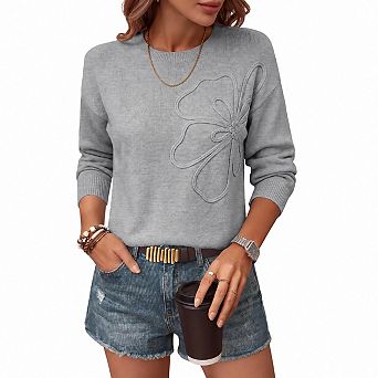 Women's 3D Floral Applique Crewneck Knit Pullover Sweater Casual Work Wear