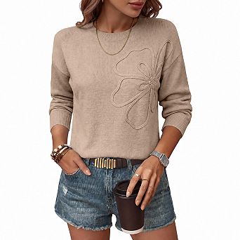 Women's 3D Floral Applique Crewneck Knit Pullover Sweater Casual Work Wear