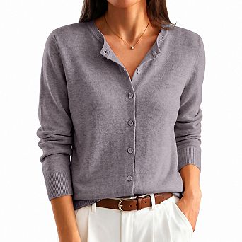 Relaxed Fit Crew Neck Long Sleeve Knit Cardigan Layering for Office Travel Casual Wear