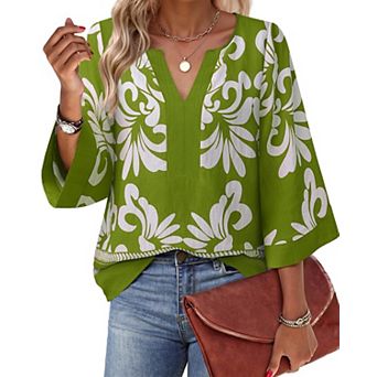 Women Floral Print 3/4 Sleeve V Neck Loose Fit Tunic Blouse Tops