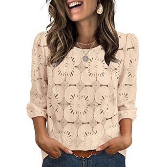 Women Dressy Casual Lace Eyelet Puff Sleeve Blouse Tops Spring Summer Shirts