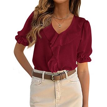 Women Summer Ruffle Lantern Sleeve V Neck Casual Dressy Tops