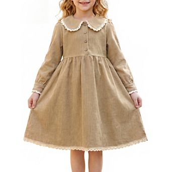 Girls 5-12 Peter Pan Collar Corduroy Midi Dress Long Sleeve Half Button Lace Hem Fall Winter Dresses