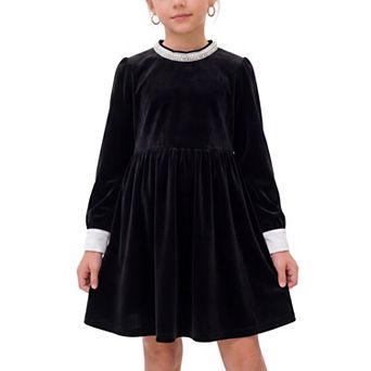 Girls 5-12 Velvet Dresses Long Sleeve Crew Neck Knee Length Fall Dress for Kids
