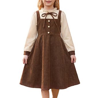 Girls 5-12 Corduroy Dress Ruffle Neck Tie Bow Long Sleeve Midi Dresses for Kids