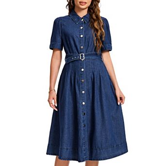 Women's Midi Denim Shirt Dress Short Sleeve Belted Jean Dresses