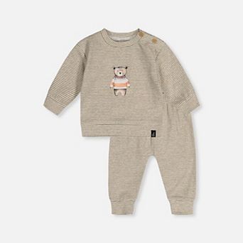 Baby Boy Organic Cotton Striped Pants and Top Set with Bear Detail