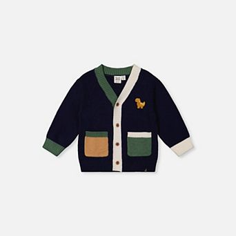 Baby Boy Button Front Knit Cardigan with Dino Embroidery and Colorblock Pockets
