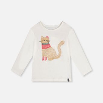 Little Kids Girl Embroidered Cat Organic Cotton Long Sleeve T-Shirt