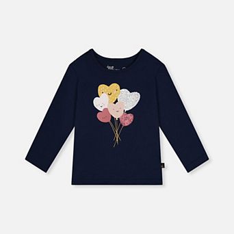 Little Kids Girl Glittery Heart Balloon Organic Cotton Long Sleeve T-Shirt