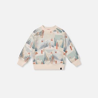 Baby Boy Fleece Ribbed Crewneck Ski Print Sweatshirt
