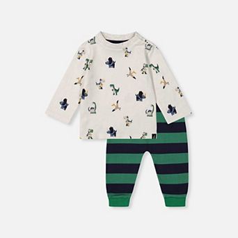 Baby Boy Cotton Long Sleeve Dinosaur Print T-Shirt and Striped Fleece Pants Set