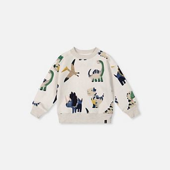 Baby Boy Fleece Ribbed Crewneck Dinosaur Print Sweatshirt