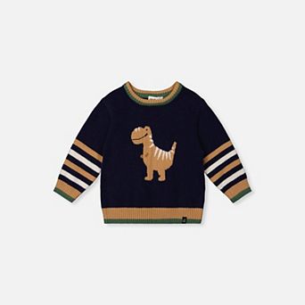 Baby Boy Knit Crewneck Sweater with Dino Intarsia and Striped Ribbed Trim
