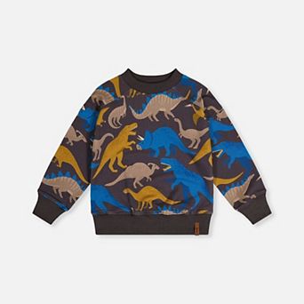 Little Kids Boy Fleece Crewneck Dinosaur Print Sweatshirt