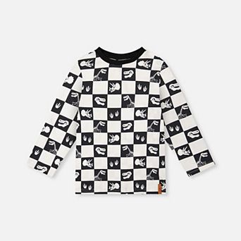 Little Kids Boy Organic Cotton Long Sleeve Checkerboard Dino Icon T-Shirt